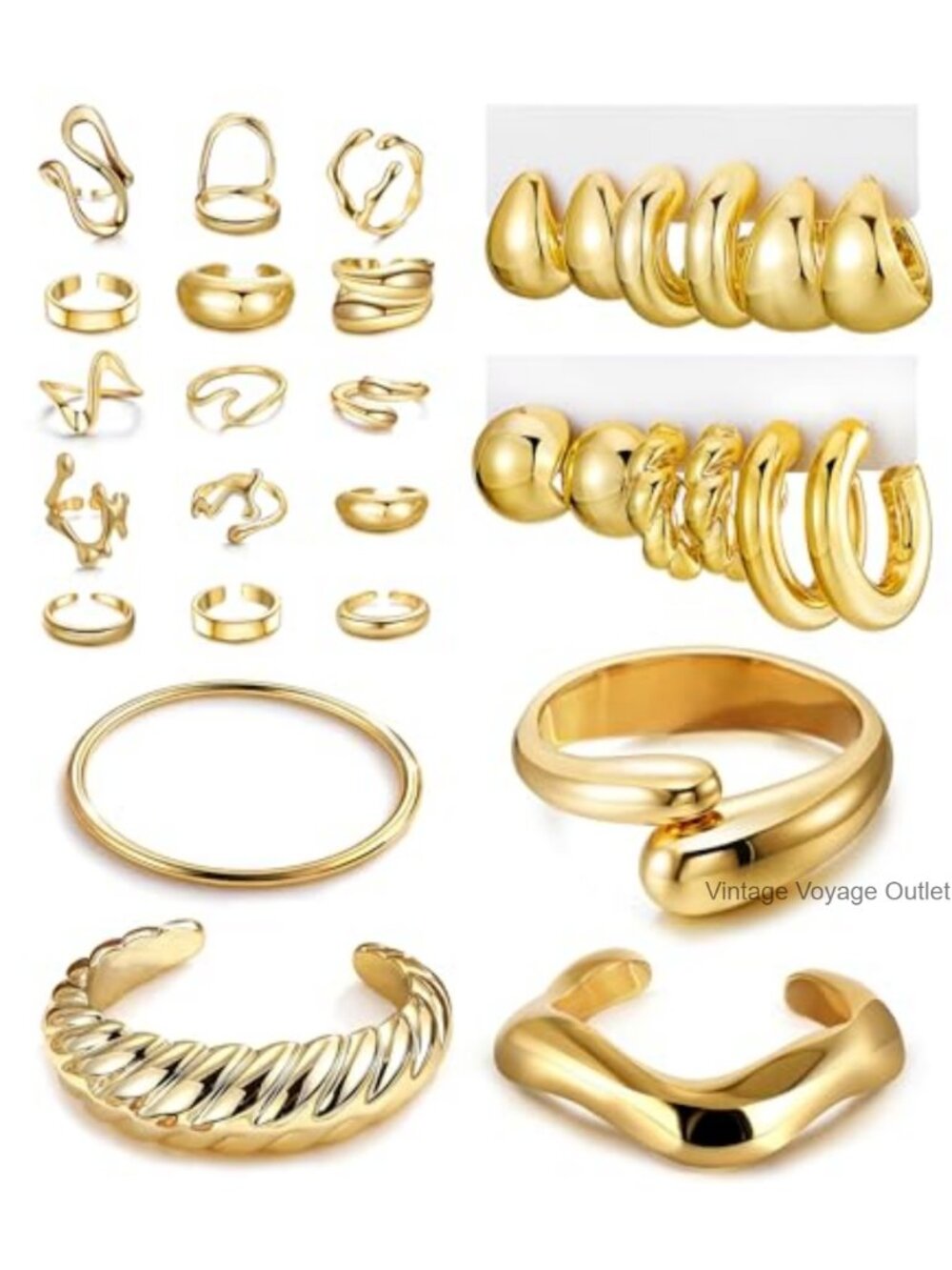 Gold Plated 31Pc Jewelry Set Chunky Bracelets Hoop Earrings Midi Rings
